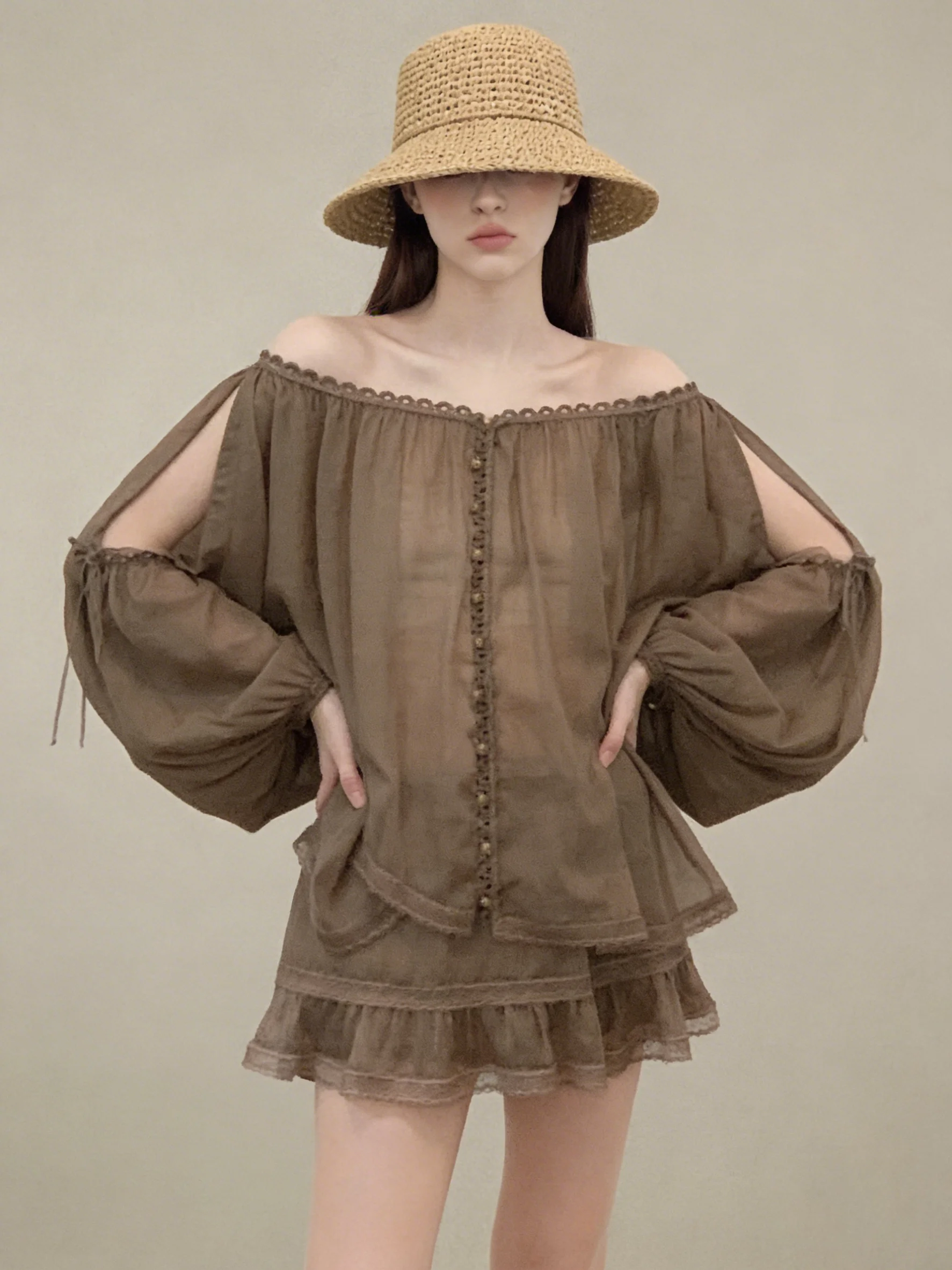 

Caramel Long Sleeve Top And High Waist Skirt Fashion Set Casual Spring Outfit for Women in Their 20s And 30s