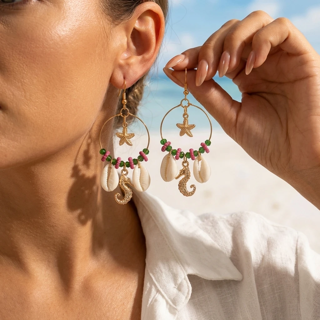 Böhmische Reisperlen-Ohrringe mit Großen Kreisen für Frauen, Seestern-, Muschel-, Schnecken- und Seepferdchen-Anhänger, Sommer-Strand-Party-Schmuck – Detail 1