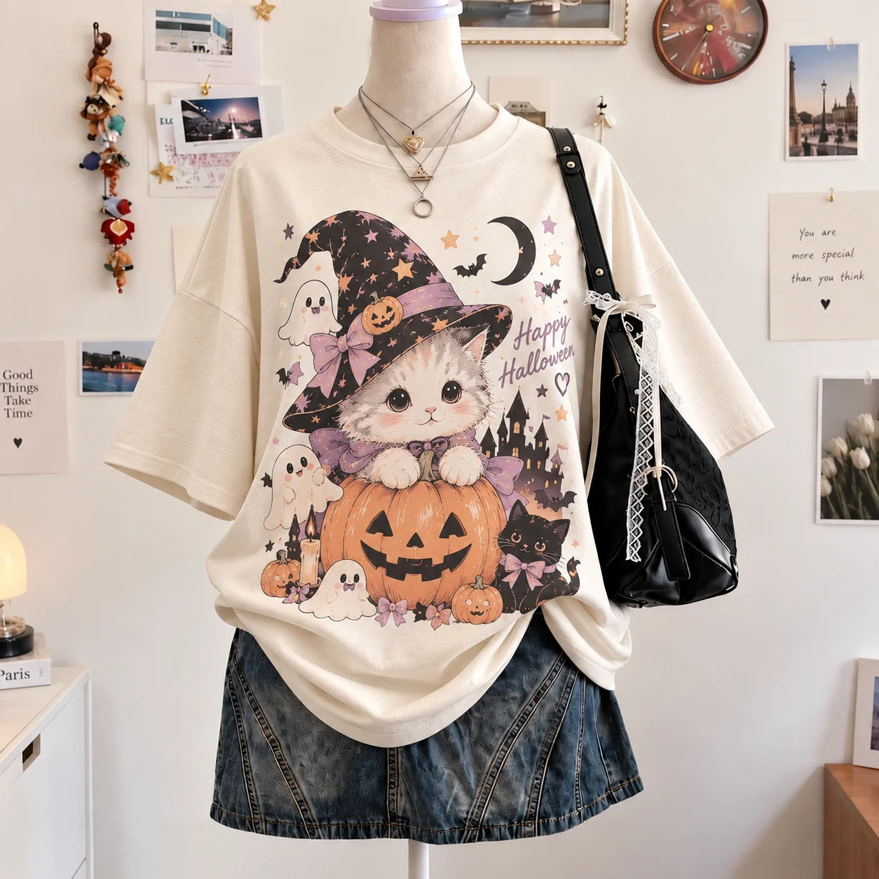 Halloween Party Cute Witch Cat Tshirt Women Pumpkin Ghost Graphic Oversized Short Sleeve Tops Retro Aesthetic Unisex Tees