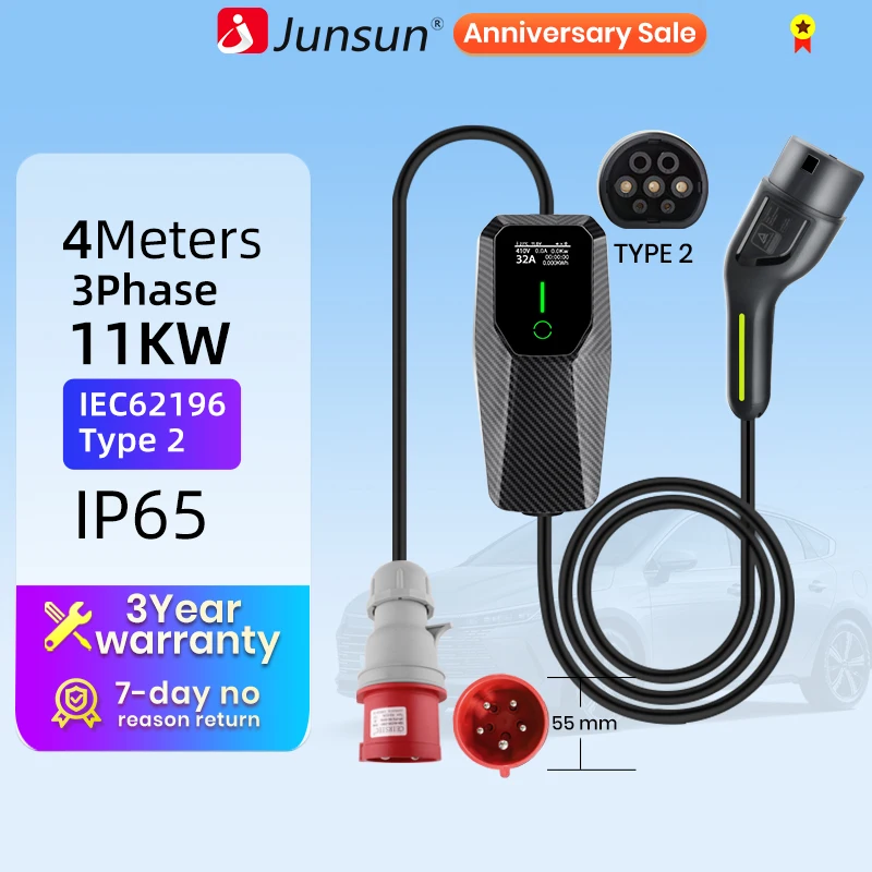 Junsun EV charger Black wallbox IP65 7kW 32A 3.5KW 16A 3Phase 11KW 16A 22KW 32A Type 2 Car fast charging plug to plug charging