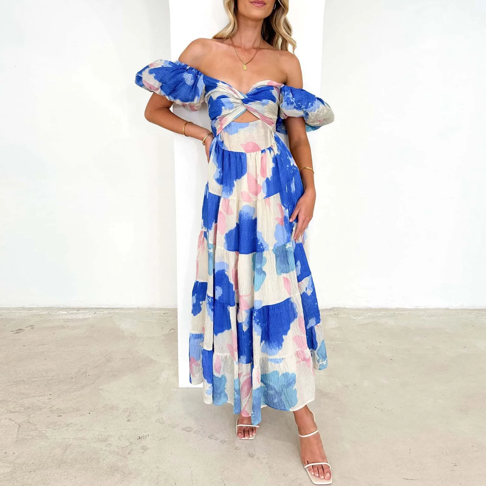 Elegante Gebloemde Print Lange Jurken Zomer Nieuwe Sexy Rugloze V-Hals Elastische Jurk Vrouwen Hoge Taille Korte Pofmouw Maxi Jurk