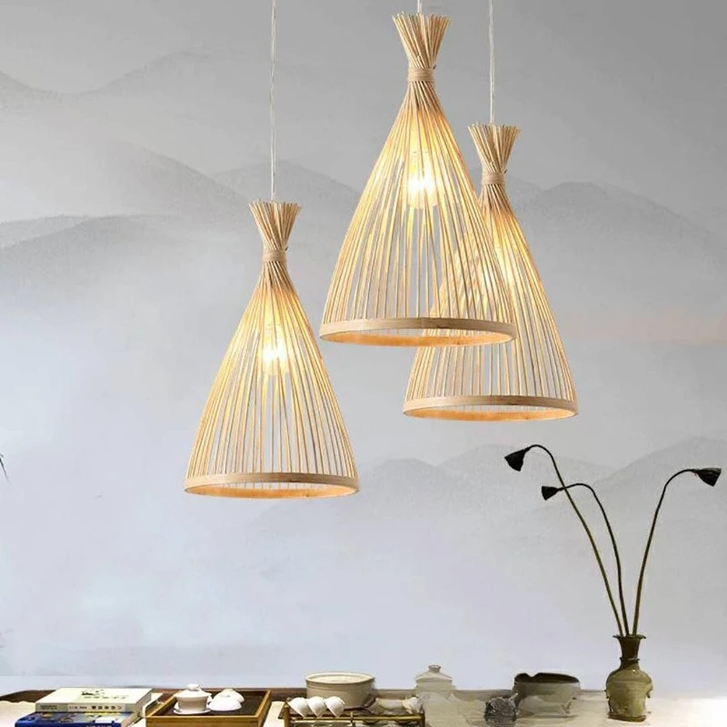 Bamboo Hand Weaving Pendant Lights Hanging LED Ceiling Lamp Chandelier Fixture Rattan Hand Craft Woven Home Bedroom Decor