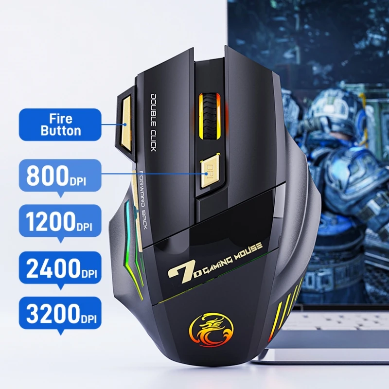 ワイヤレスゲーミングマウス USB 3200DPI デュアルモード充電式 7 キー 2.4 グラム Bluetooth サイレントマウス人間工学に基づいた呼吸 LED E スポーツマウス