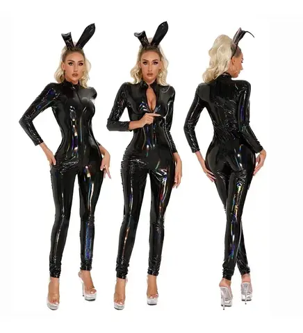 Laser Colorato Cosplay Effetto Bagnato PVC Catsuit Lucido Cuoio DELL'UNITÀ di elaborazione Cerniera Con Apertura Sul Cavallo Della Tuta Collant Sexy Body Conjoined Unitard