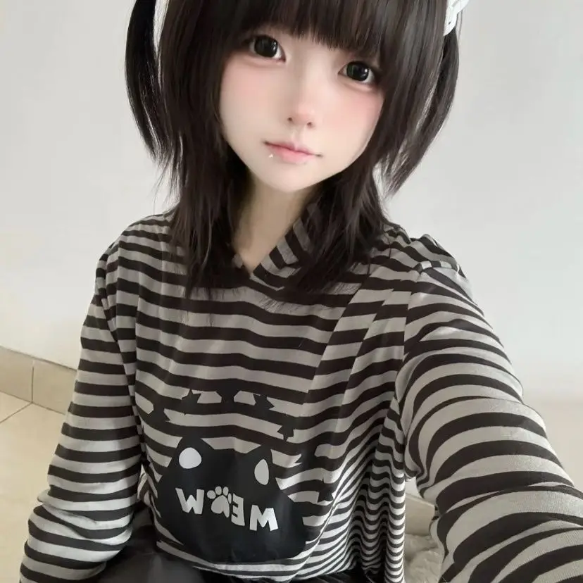 Japanese Sweet Cute Y2k Harajuku Hoodie Anime Cartoon Print Hooded Tops Loose Striped T-shirt Long Sleeve Streetwear Women Trend
