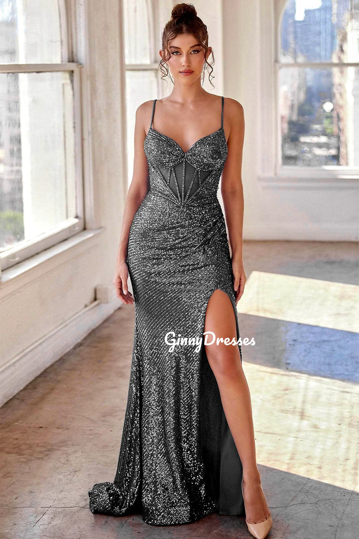 Customized Evening Dresses A-Line V-Neck Hig Split Floor-Length Wedding Dress Sequins Zipper Up Luxury Evening Dresses 2025