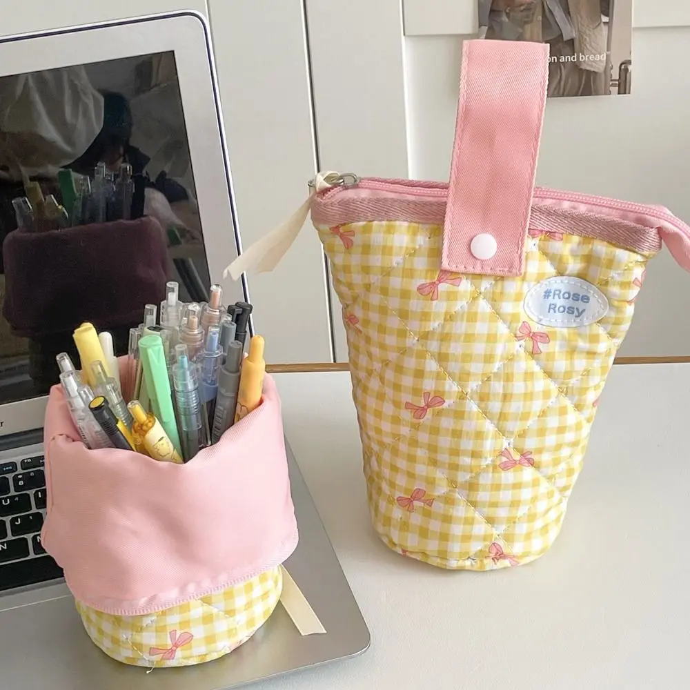 Folding Bow Pencil Case Portable Zipper Stationery Storage Pouch Large Capacity Multi-Functional Plaid Pencil Bag Student