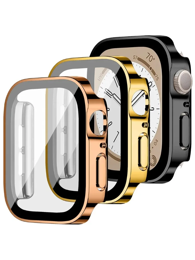 Glas+Schutzhülle für Apple Watch Gehäuse Serie 8 7 6 5 4 SE 44mm 45mm 41mm 40mm PC Wasserdichter Displayschutz Apple Watch Zubehör