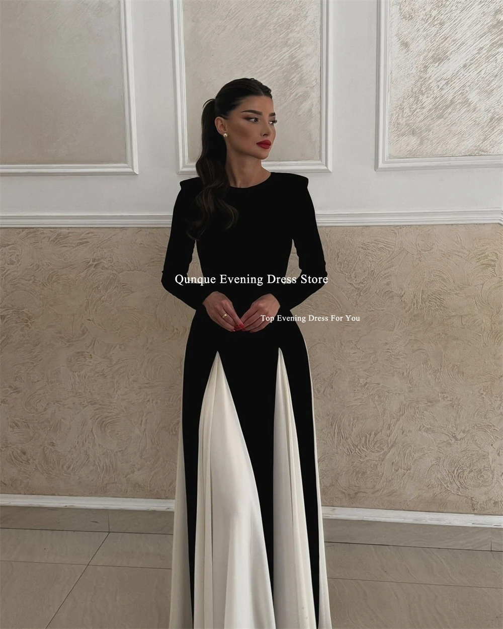 Qunque New A-line Long Prom Dress High Neck Customized Wedding Party Birthday Evening Gown Robes Black and white Vestido Fiesta