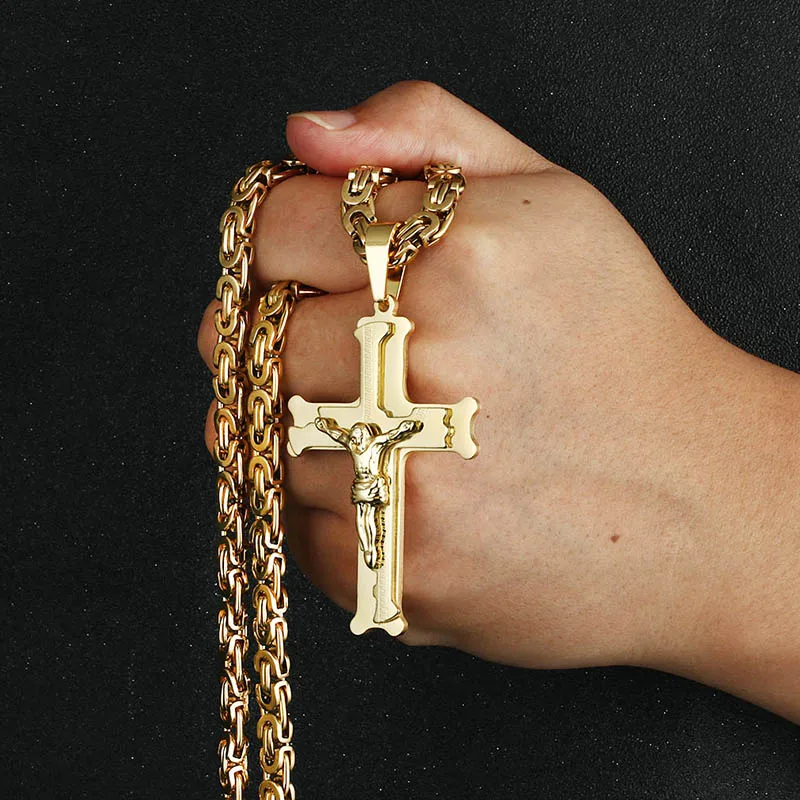 Edelstahl Kruzifix Jesus Byzantinische Gliederkette Halskette Fischgrätenmuster Kreuz Anhänger Halskette Katholischer Schmuck Männer Geschenk – Detail 3