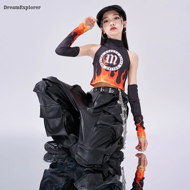 

K-pop Girls Cool Crop Top Pu Leather Cargo Pants Kids Street Dance Girl Group Clothes Sets Children Teens Hip Hop Stage Costumes