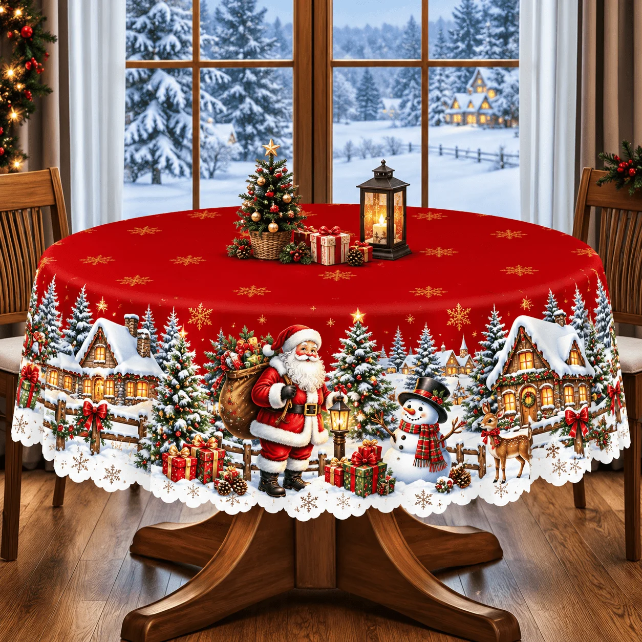 1 round tablecloth, Santa snowman reindeer print tablecloth, polyester material, classic Christmas red with golden snowflakes