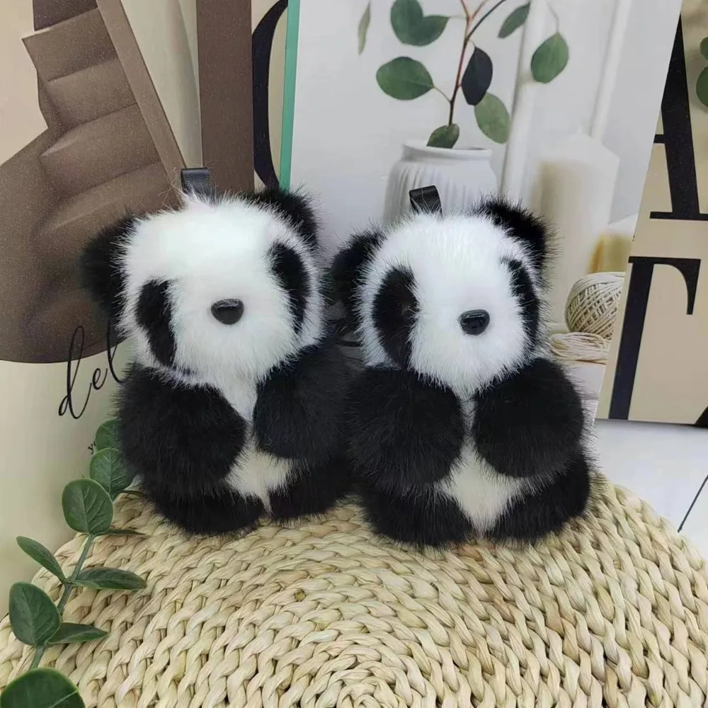 Engraçado pelúcia panda brinquedo chaveiro algodão bonito vison cabelo urso chaveiro metal macio animal pingente presente