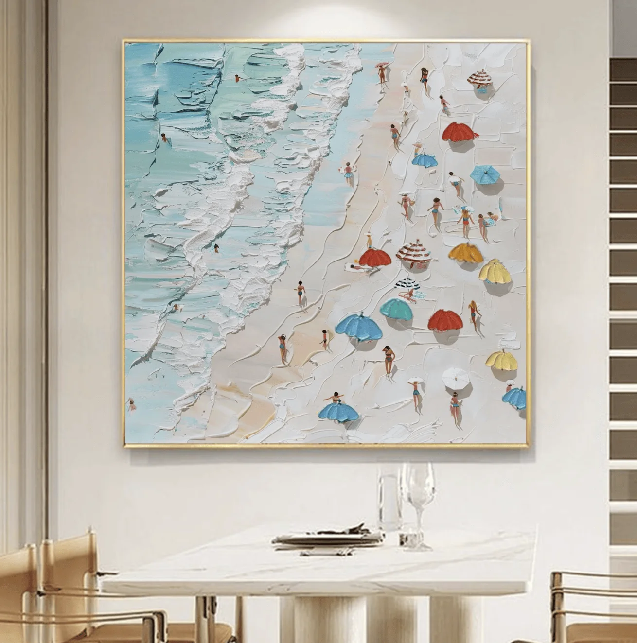Pintura al Óleo de Textura Gruesa con Escena de Playa, Arte de Pared en Lienzo, Impresiones y Pósters Decorativos, Arte Colorido de Paraguas y Mar para Decoración de Sala de Estar