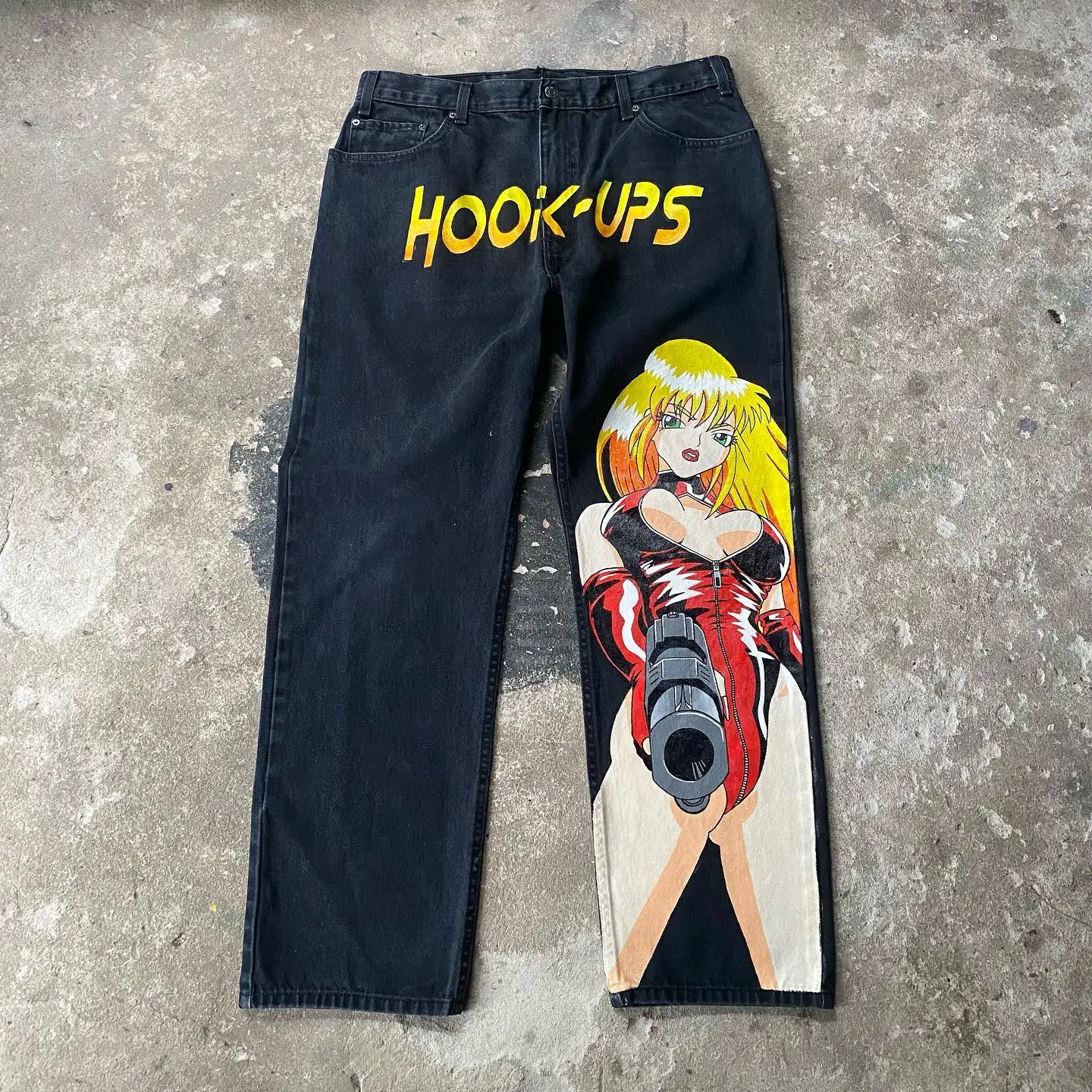 Harajuku Hip Hop Anime celana Jeans Baggy gambar cetak Jeans Denim Y2k celana Pria Wanita pistol gadis Goth baru celana panjang lebar pinggang tinggi