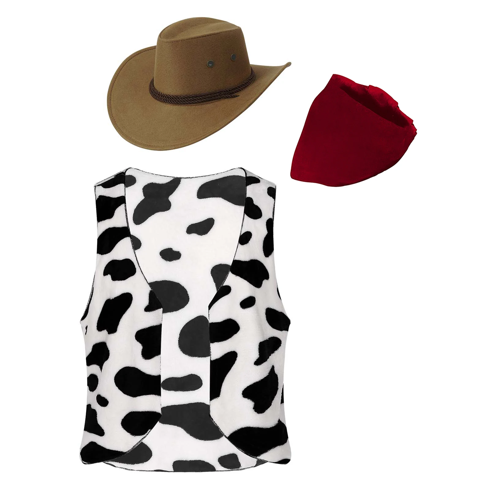 

Mens Western Cowboy Cosplay Costume Halloween Carnival Party Cowboy Set Cow Printed Flannel Waistcoat Bandanna and Hat Suit