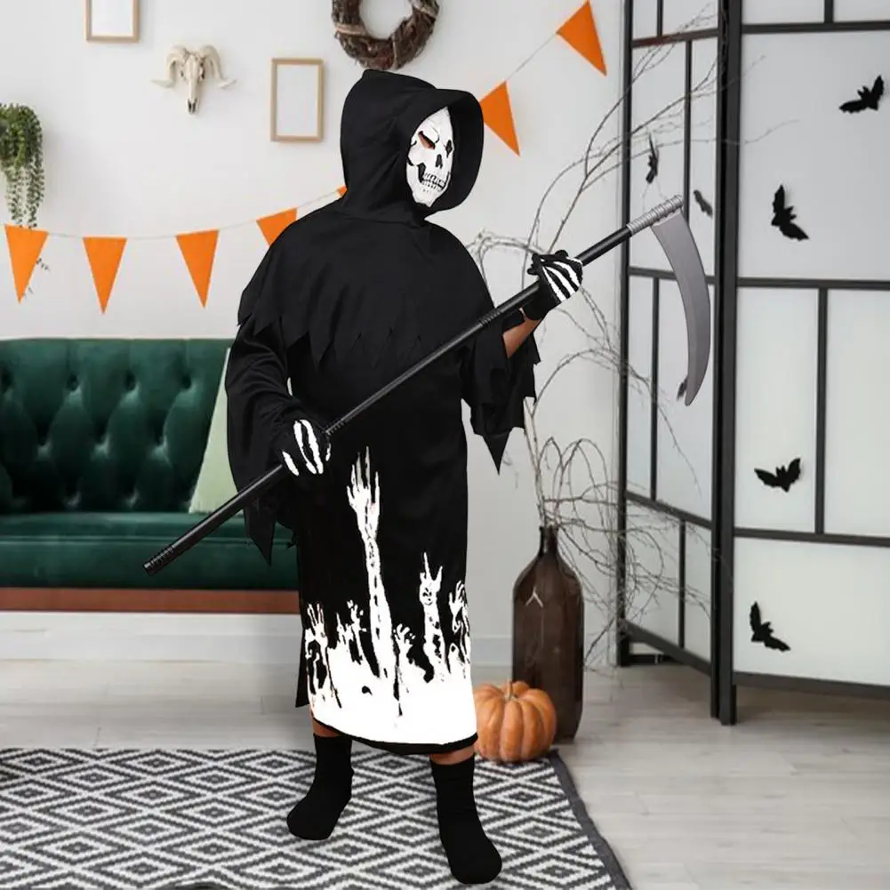 زي الهالوين غريم ريبر للأطفال يتوهج في الظلام زي الهالوين التنكري مع المنجل لحفلات الهالوين