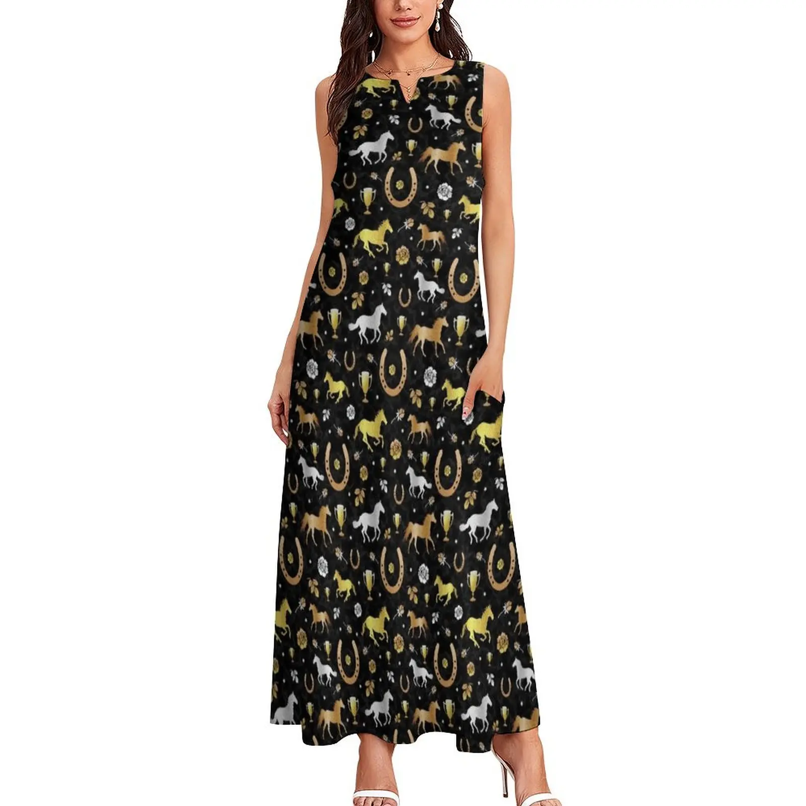 Horse Racing Derby Day Party Black Gold Pattern Long Dress elegant women's sets dress women summer Cocktail of dresses Dress