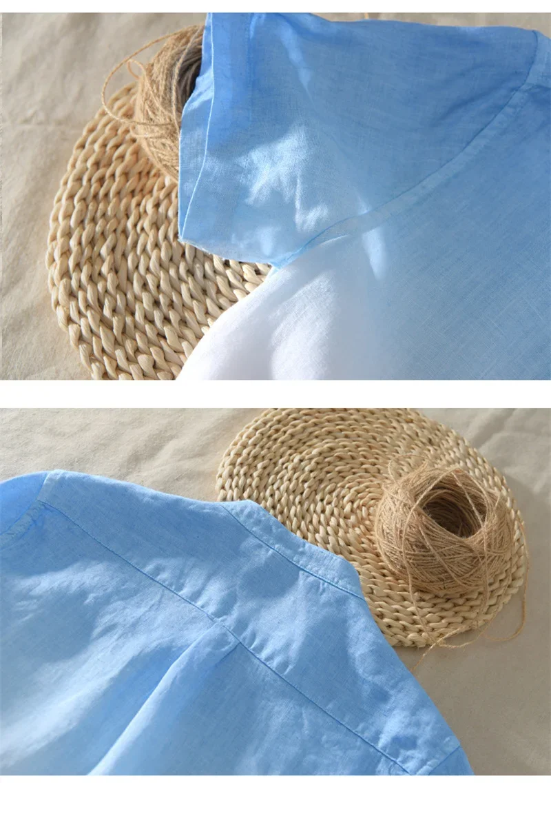 قميص بأكمام قصيرة 100% كتان رائع يسمح بمرور الهواء مريح ومواد صحية متدرجة باللون الأزرق قميص رجالي على شاطئ هاواي