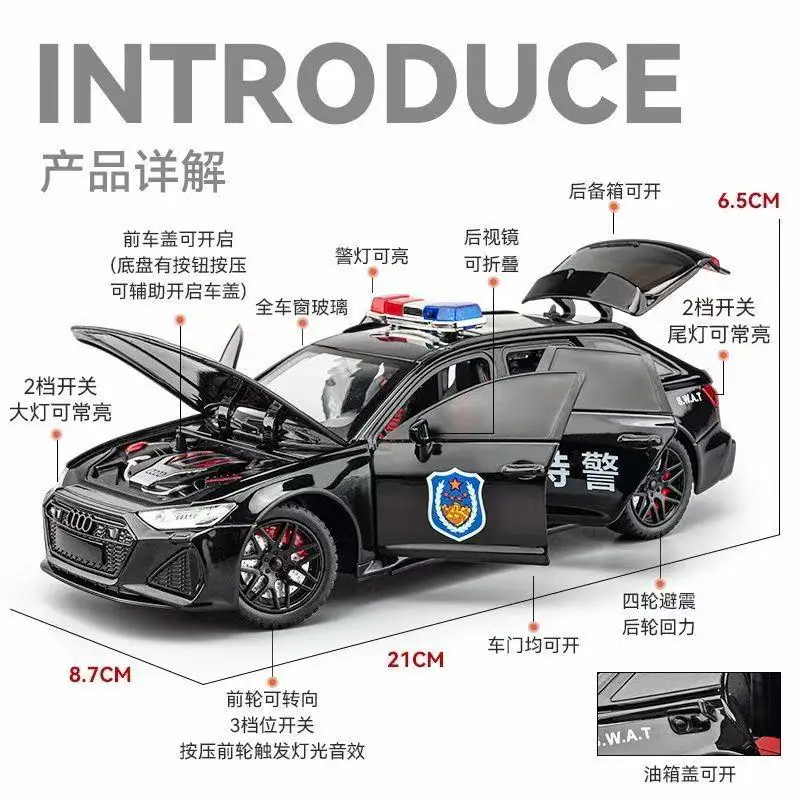 1/24 Audi RS6 Lega Avant Station Wagon Modello di Auto Fonde Sotto Pressione Giocattolo In Metallo Veicoli Della Polizia Modello di Auto Simulazione Suono Luce Regali Per Bambini