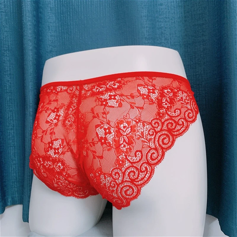 Lucky New Year Red Lace Briefs Men's Large Pouch Bag Underwear See-Through Soft Man Panties Low Rise Youth Triangle Underpants