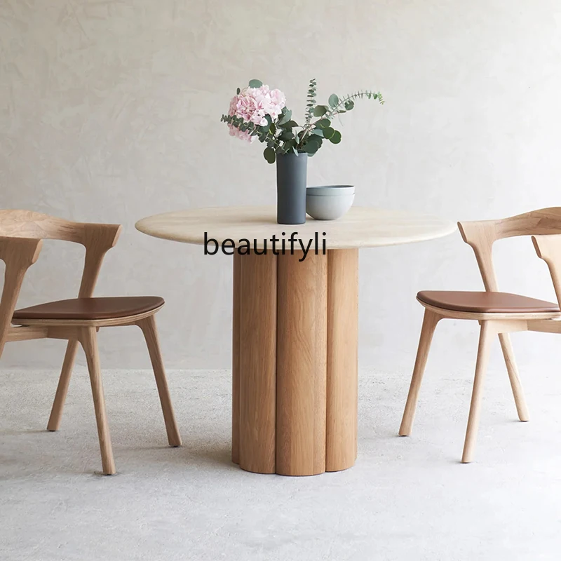 

Natural travertine dining table designer creative restaurant solid wood base French round table