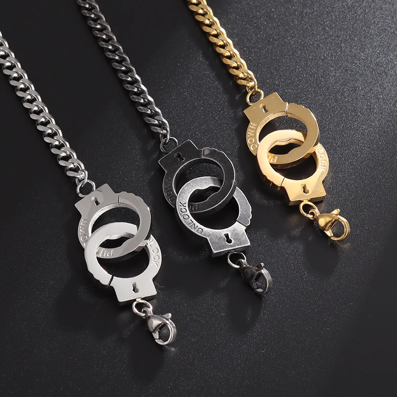 Ins Stainless Steel Simple Fashion Handcuffs Necklace Set Interlocking Stainless Steel Couple Bracelet Gift for Men and Women