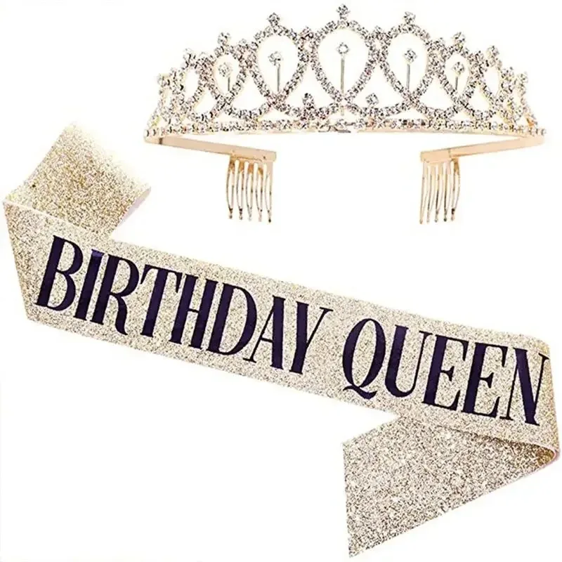 

Bling Rhinestone Crystal Crown Birthday Anniversary Decoration Happy 18 21 30 40 50th Satin Sash Party Supplies