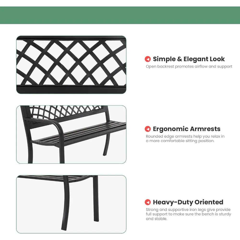 메쉬 패턴 야외 벤치, 다리미 스틸 프레임 파티오 벤치, 플라스틱 등받이 팔걸이, 잔디 마당 현관 입구, 블랙