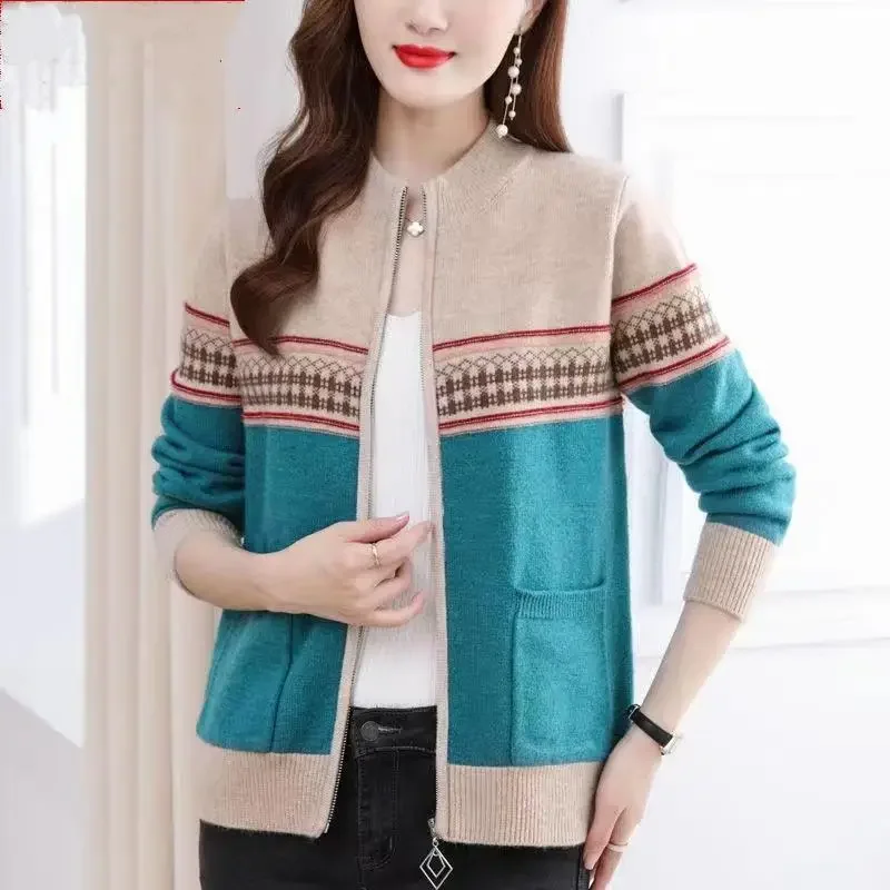 Jacket for Women Color Matching Spring Autumn Knit Coats Woman Harajuku New in Outerwears Korean Reviews Clothes Fashion 2025 Xl