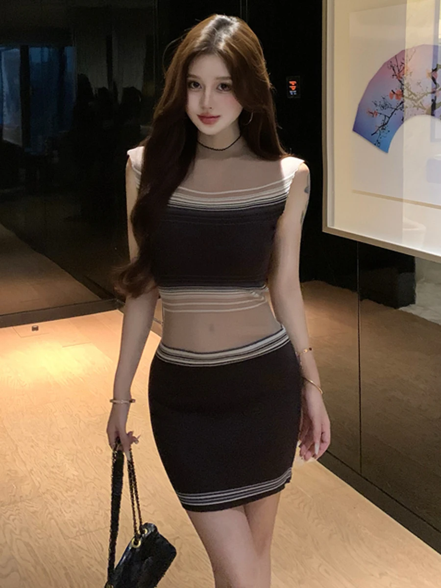 Sexy Retro Mesh Splice Elastic Knitted Dress Micro Translucent Slim Fit Vest Short Skirt High Waist Spring Summer Autumn Casual