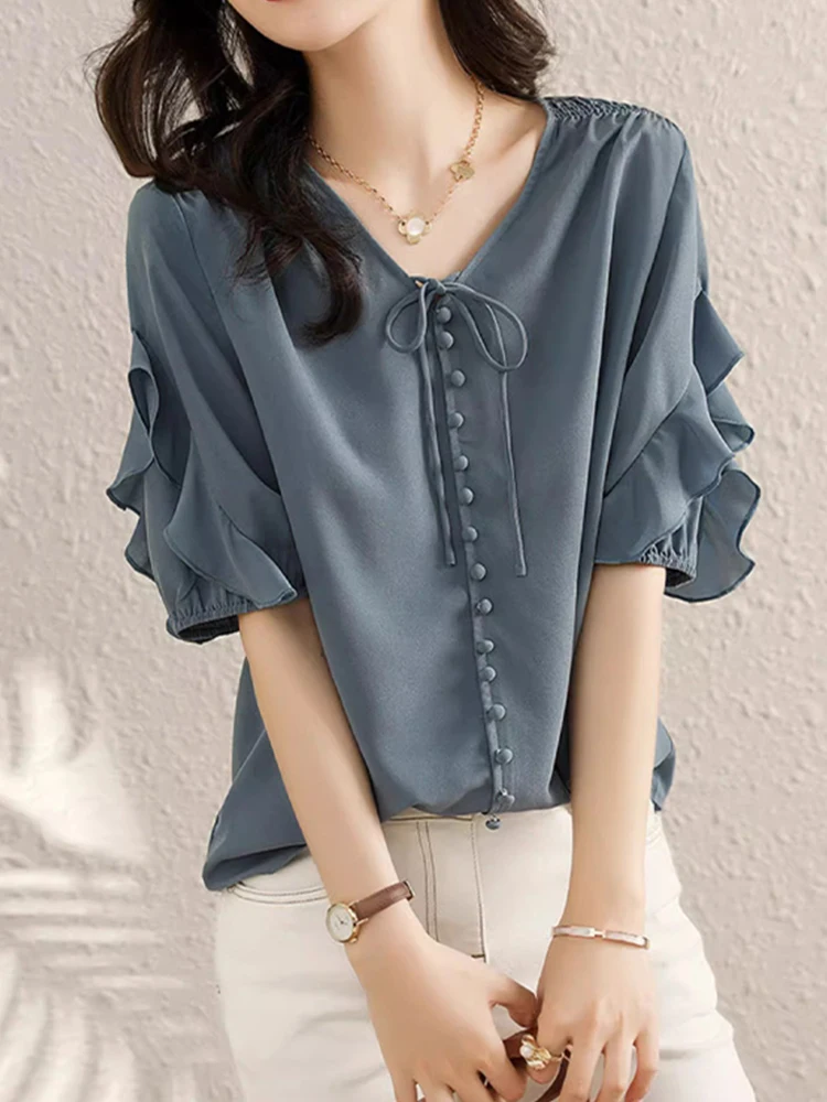 

Ele Design Sensation Summer New Sle Women's Chiffon irt Collar Lace Trim Korean Version Straight Cut Silk Top