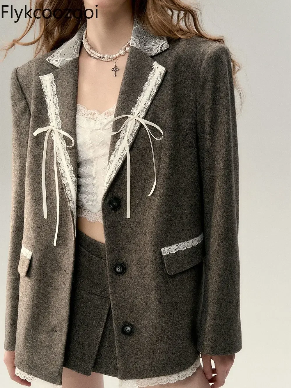 Patchwork Lace Bow Wool Top Women\'s 2024 Early Spring New Design Sense Coat Fashion Elegant Suits for Women with Skirt