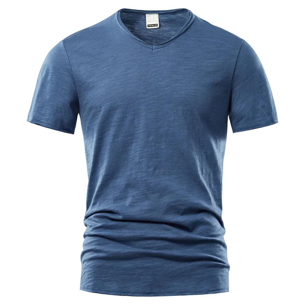 Neue Slub Baumwolle T-Shirt Männer reine Farbe V-Ausschnitt Slim Fit T-Shirt Sommer Strand kurz ärmel ige Tops T-Shirts männliche T-Shirts Männer Fitness