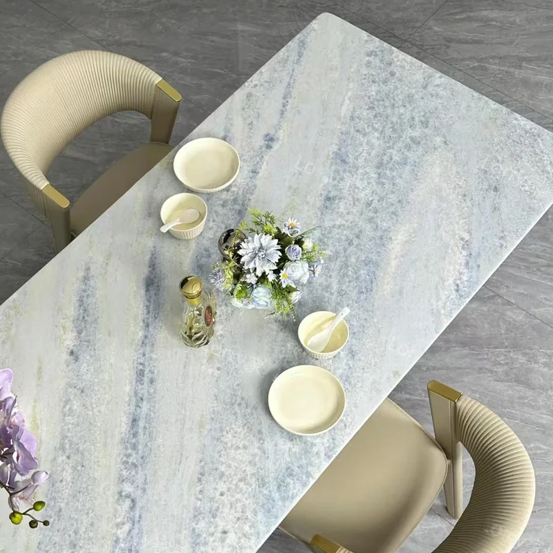 Modern Elegant Square Dining Table With Natural Blue Crystal Luxury Stone Rare Natural Veins Luxury Style