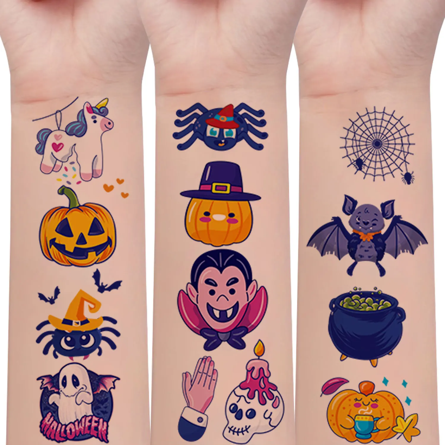 10 Sheets of Temporary Tattoo Stickers Featuring 110 Cartoon Designs of Halloween Pumpkins, Spiders, Bats, Zombies, Vampires