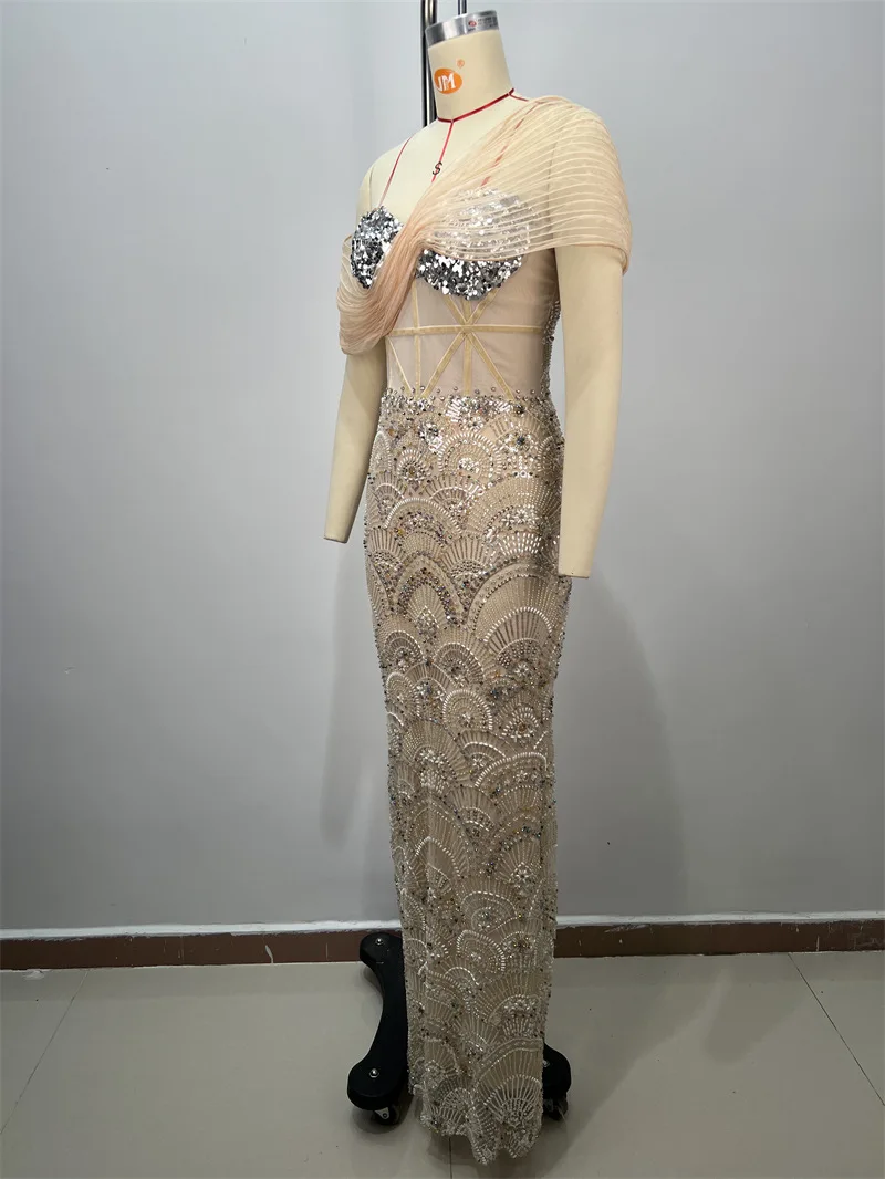 Luksusowa Sukienka Wieczorowa Damska z Kryształami i Perłami, Szampańska, Seksowna, Bez Rękawów, Długa, Formalna, Ołówkowa, na Bal, Konkurs Piękności, Imprezę, Wesele, Szata