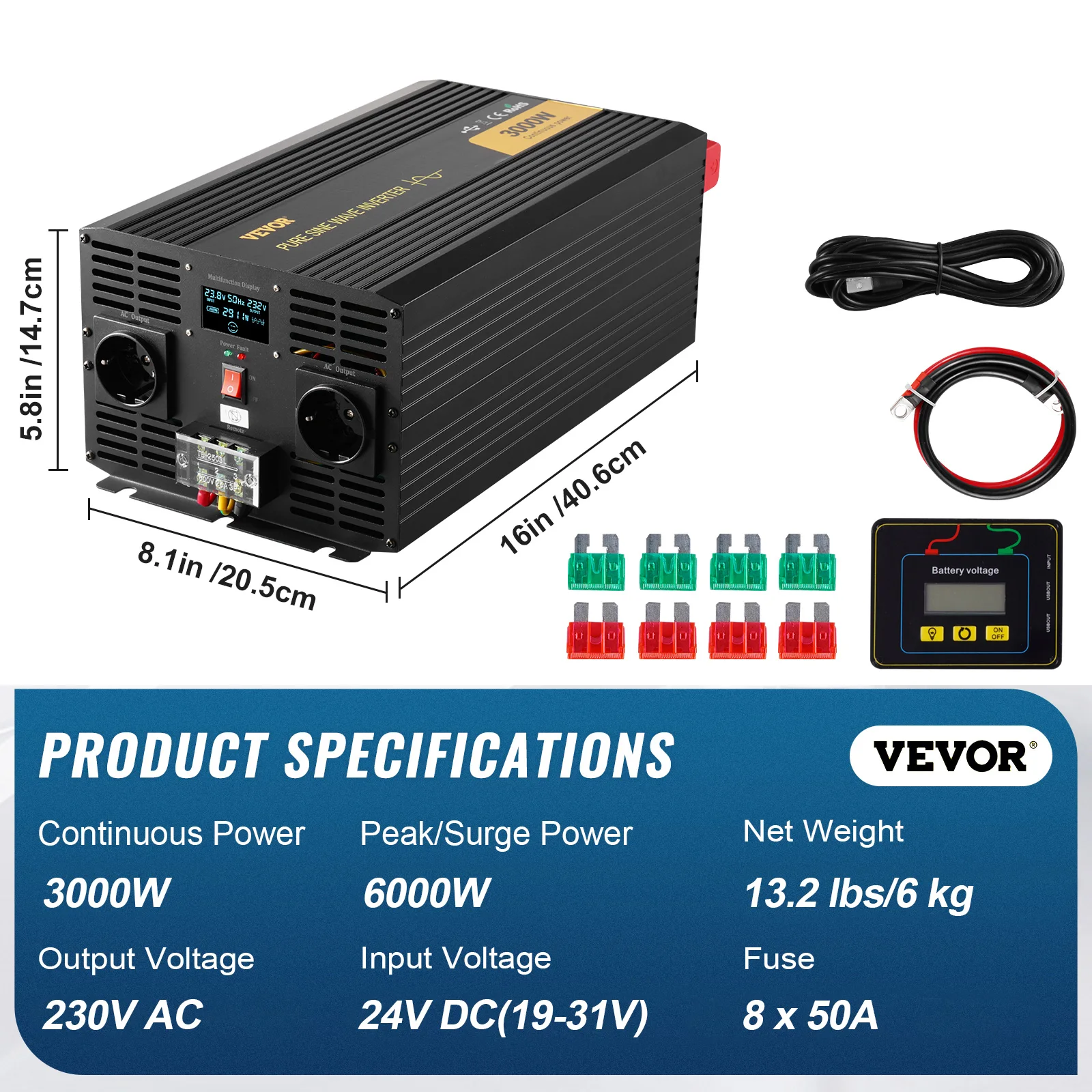 SucceBuy Zuivere Sinusomvormer 3000 Watt 5000 Watt AC 230 V Omvormer + USB-poort LCD-scherm Afstandsbediening EU-uitgangen RV Gebruik