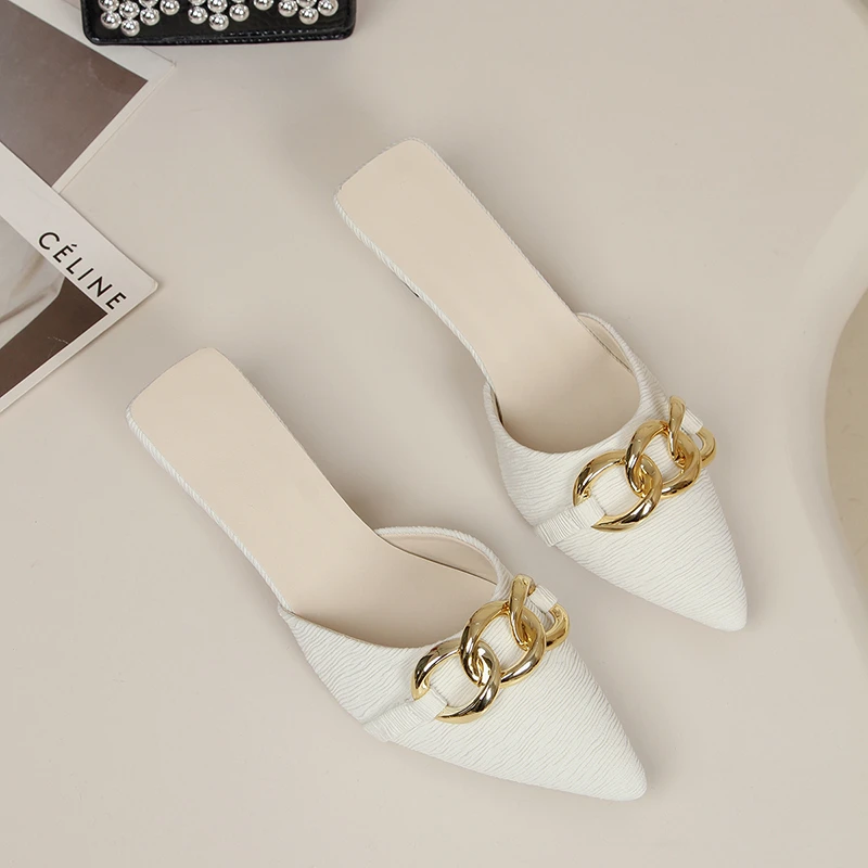 

Summer Women Pointed Toe White Gold Chain Decor Mules Slip-On Casual Shoes for Office Wear