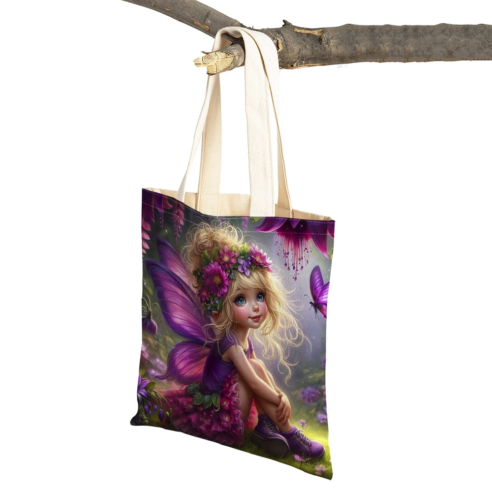 Elf and Butterfly Girl Shopper Bag Double Print Lady Shopping Bags Fairy Tale World Casual Cute Cartoon Women Shoulder Handbag