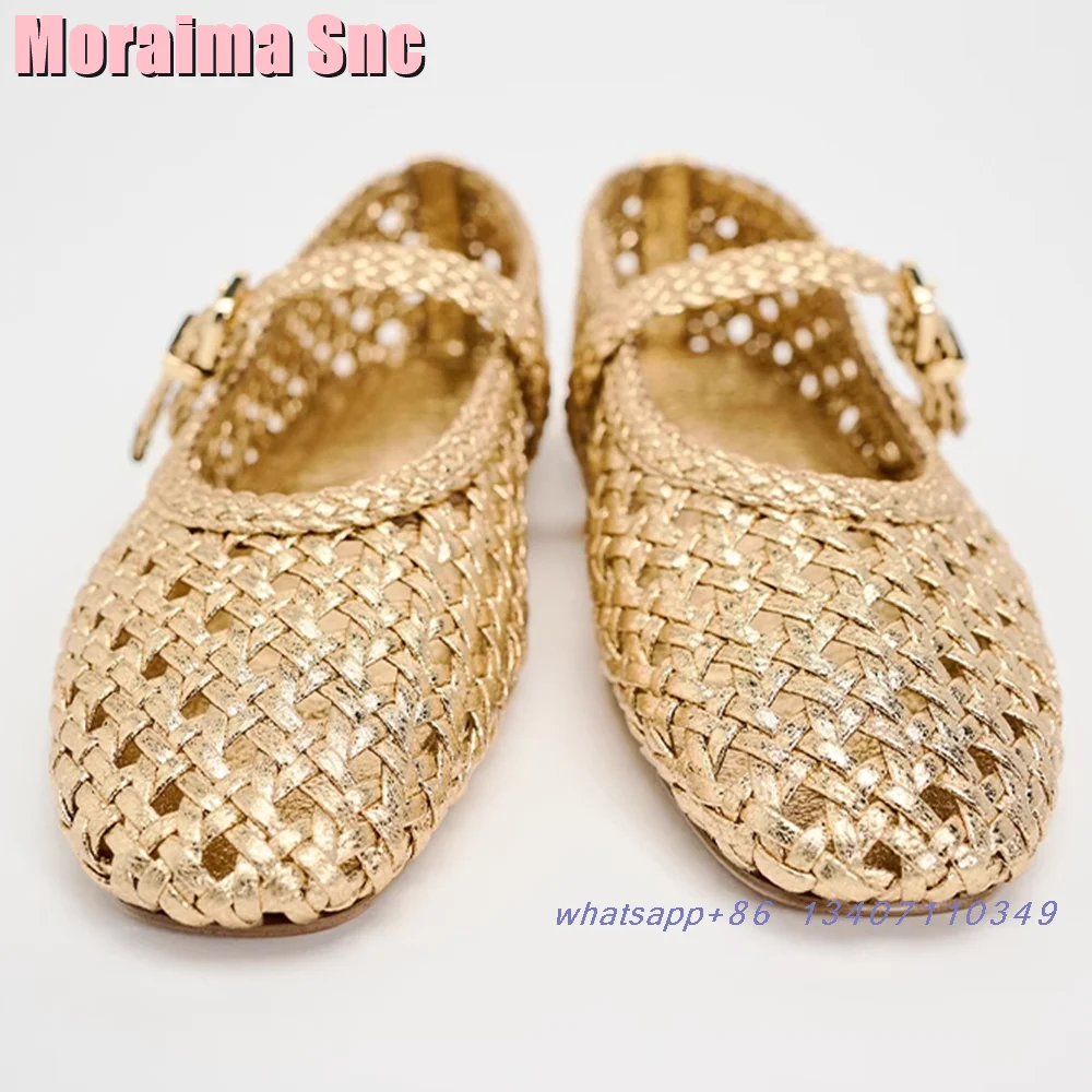 Fashion Golden Braided Ballet Shoes Hollow Flat With Belt Buckle Casual Women\'s Mary Janes Solid Autumn Winter 2025 New Arrivals