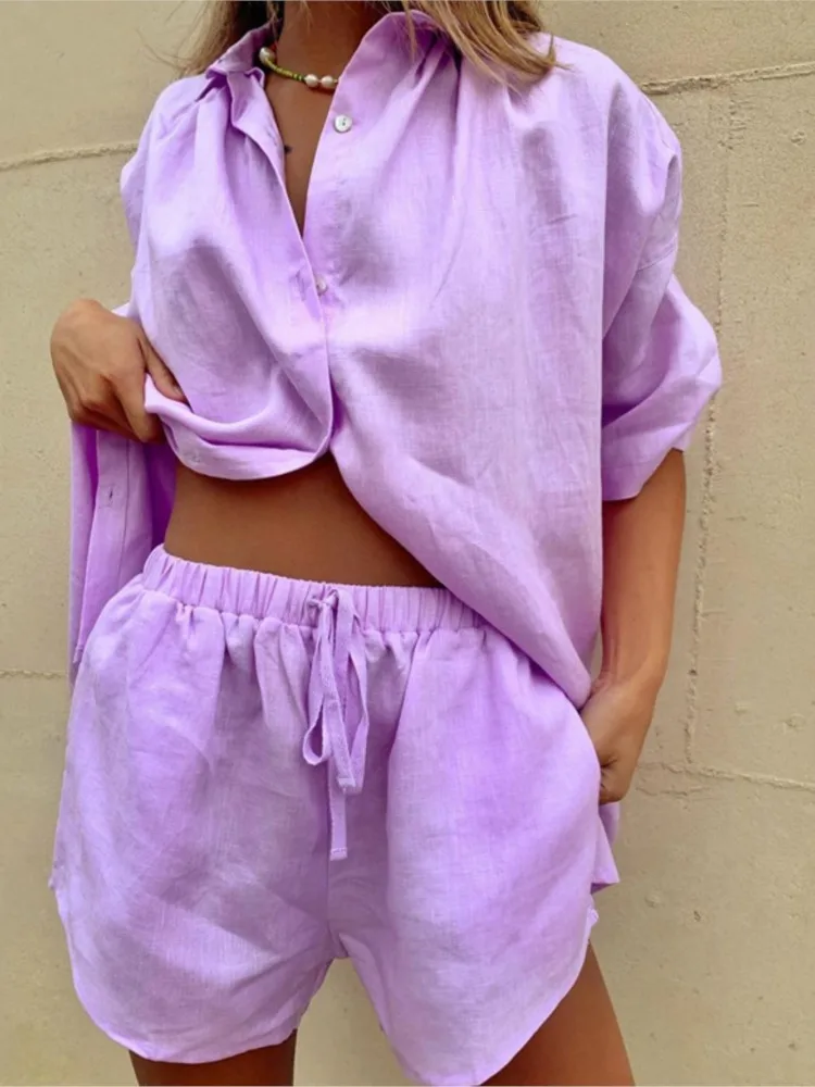 Casual Cotton Linen Solid Color Sets Women Short Sleeve Loose Shirt Wide Leg Shorts Two Piece Set Woman Suits 2024 Summer