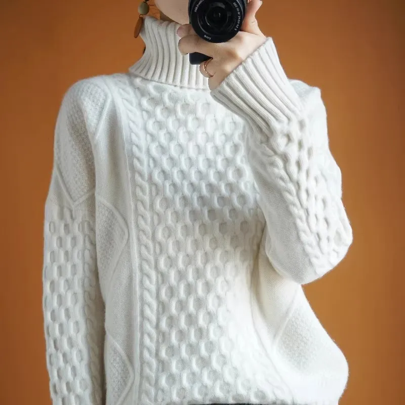 

Европейский свитер из чистой шерсти Station 100, женский трехжильный толстый свободный осенне-зимний вязаный свитер с высоким воротником