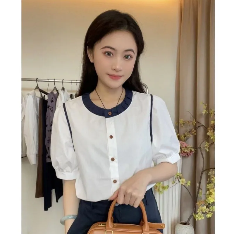 

Fashion French Retro Contrasting Color Versatile Slim White Shirt Versatile Spliced short-sleeved Top for Women