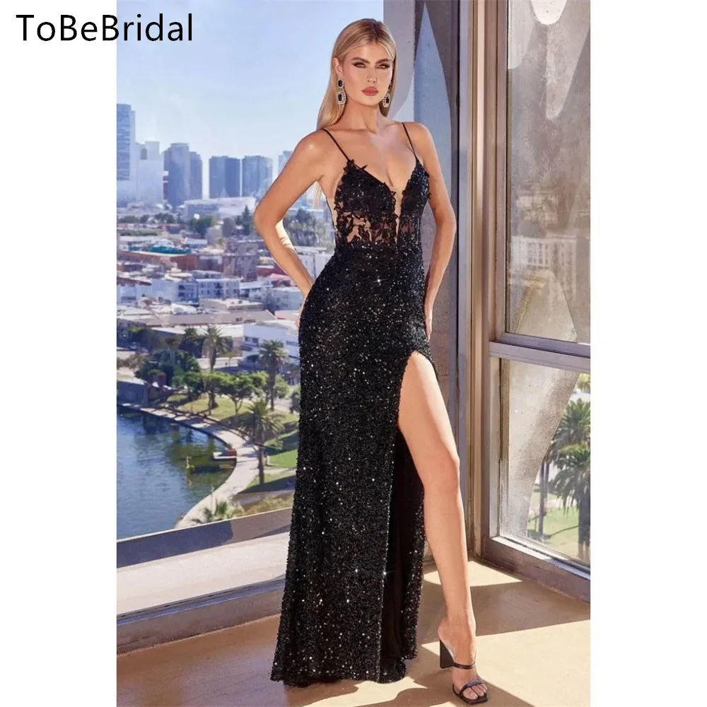 

Sparkling Italian Noodle Strap Prom Dress Side Split Slim Fit Sequin Mermaid Evening Gown Elegant Party Dresses for Women 2024