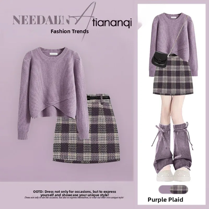 

Anti-Aging Autumn Winter Knitted Sweater And High Waist Plaid Skirt Set Women's Faion Casual Outfit Two-Piece Ensemble