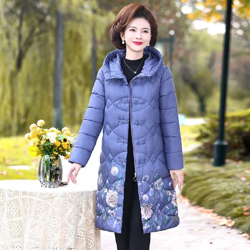 Winter Women Long Hooded  printing Down Cotton Jacket  Winter Femme Thickened Warm Padded Coat Female Down Jacket Overcoat