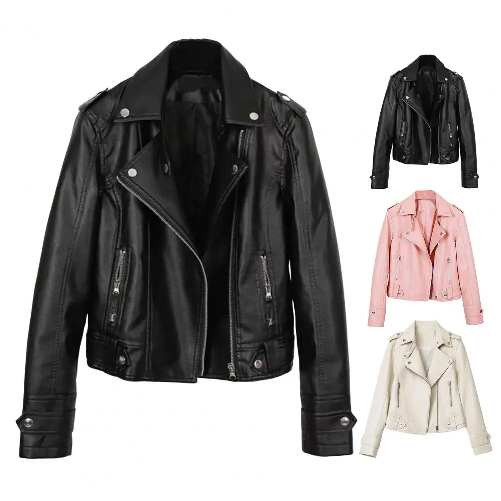

Women Autumn Winter PU Leather Jacket Loose Zipper Long Sleeve Jacket Coat Solid Color Fashion Motorcycle Coat Outerwear