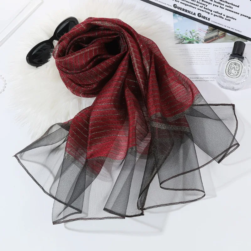 

2025 New Silk Scarf Summer Thin Travel Sunscreen Headscarf Beach Vacation Style Yarn Fashion Striped Shawl Women Scarf Women