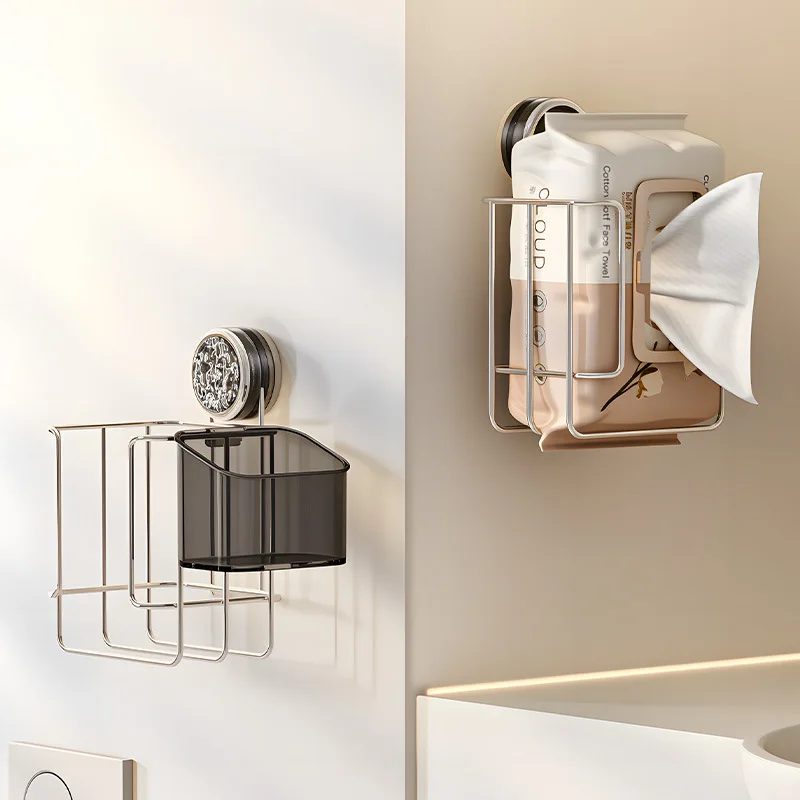 1pc Wall-Mounted Suction Cup Tissue Storage Rack Punch Free Waterproof Face Towel Wet Wipes Holder Bathroom Organizer view 4